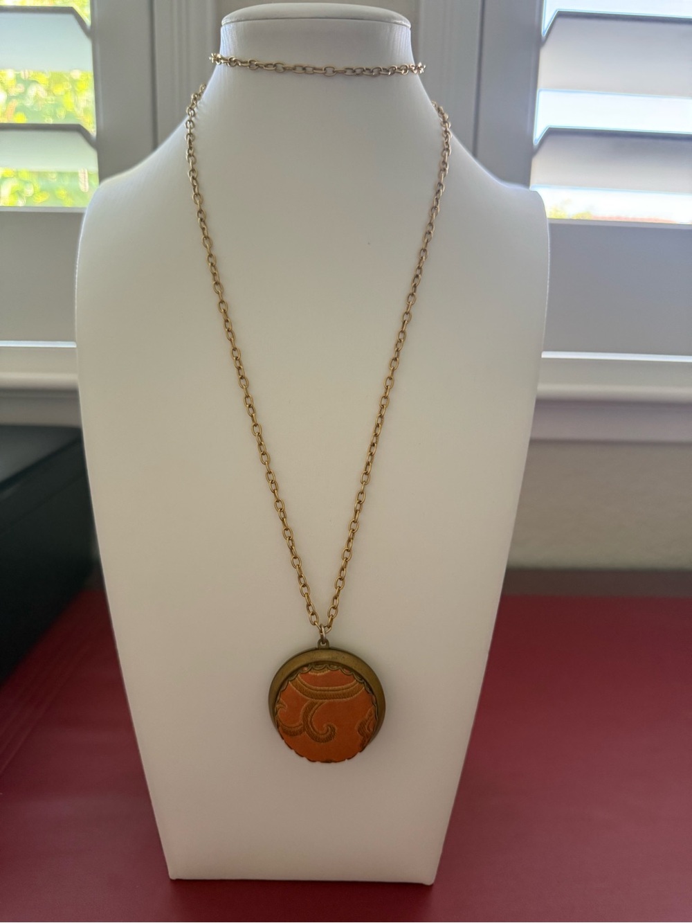 Lenora Dame Vintage Cloth Orange Pendant Locket Necklace